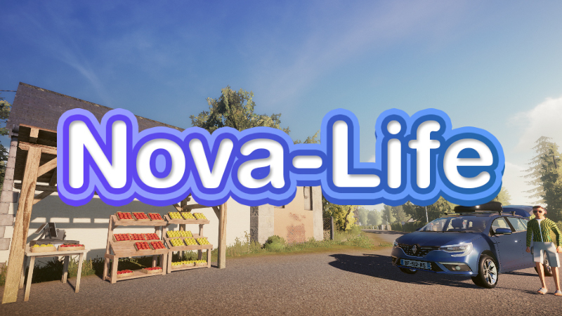 Visuel de la mise à jour 1.69 de Nova-Life avec la Mégane IV et un étal de marché